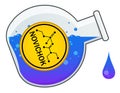 Chemical glass flask with dripping drops of poison liquids. Yellow label with novichok indicated. Nerve agent and binary chemical